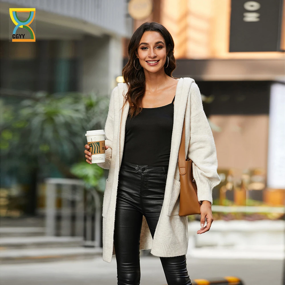 

Женский вязаный кардиган CGYY, повседневный однотонный вязаный кардиган с V-образным вырезом и длинным рукавом, с карманами и капюшоном, на ос...