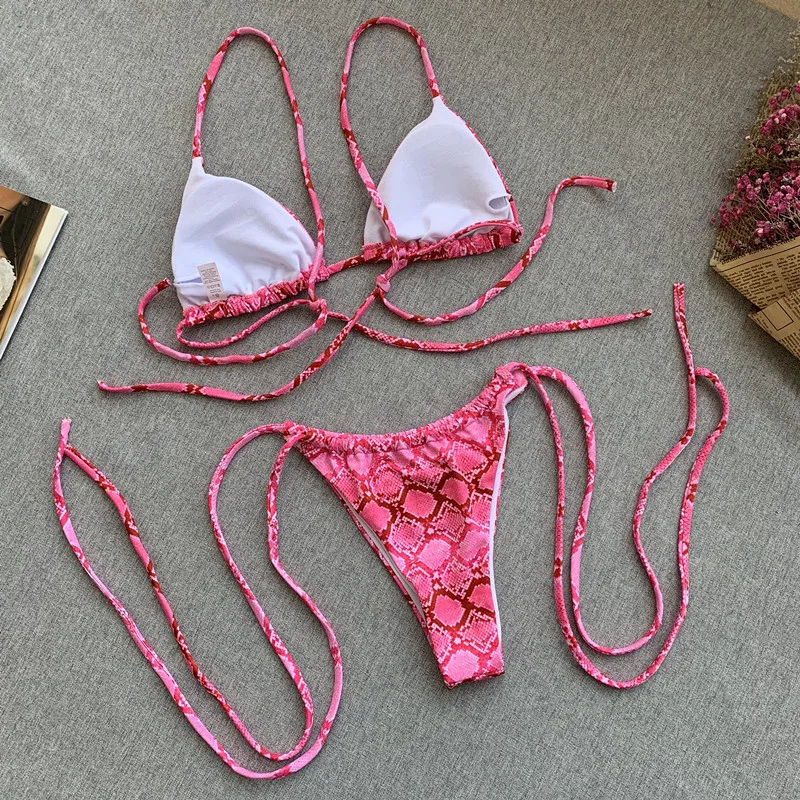 

Sexy Pink Thong Swimsuit Women Swimwear Micro String Triangle Bikini Snake Print Two Piece Set Female Summer Beach Bathing Suits