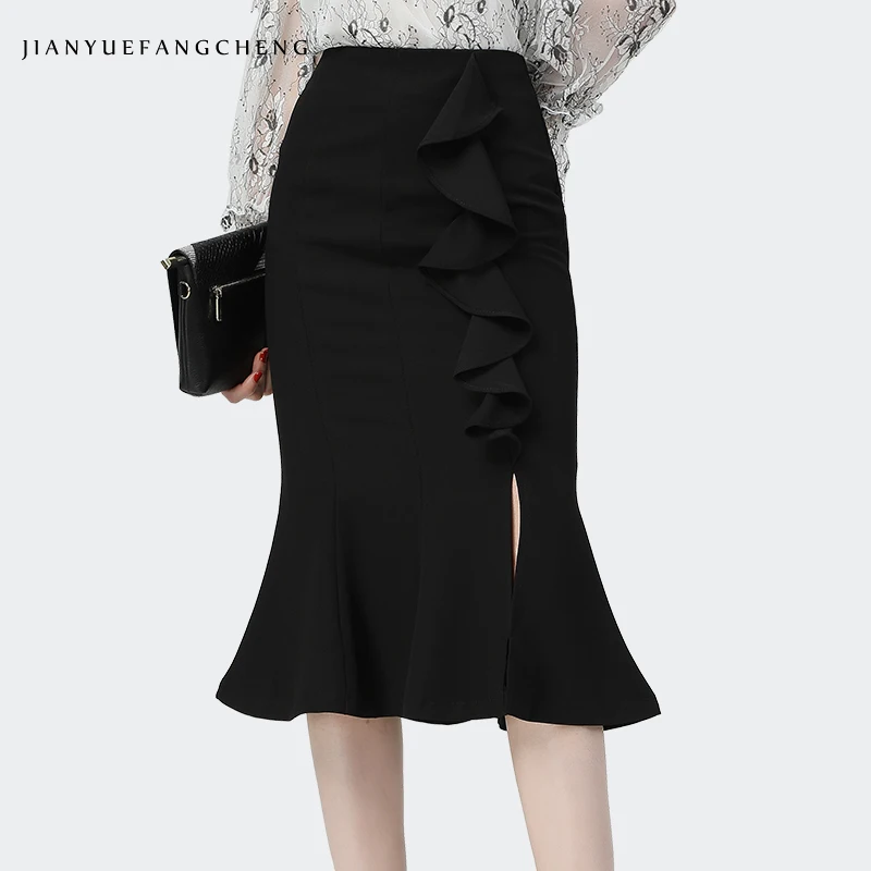 Элегантная женская черная облегающая юбка миди с оборками Боковым Разрезом
