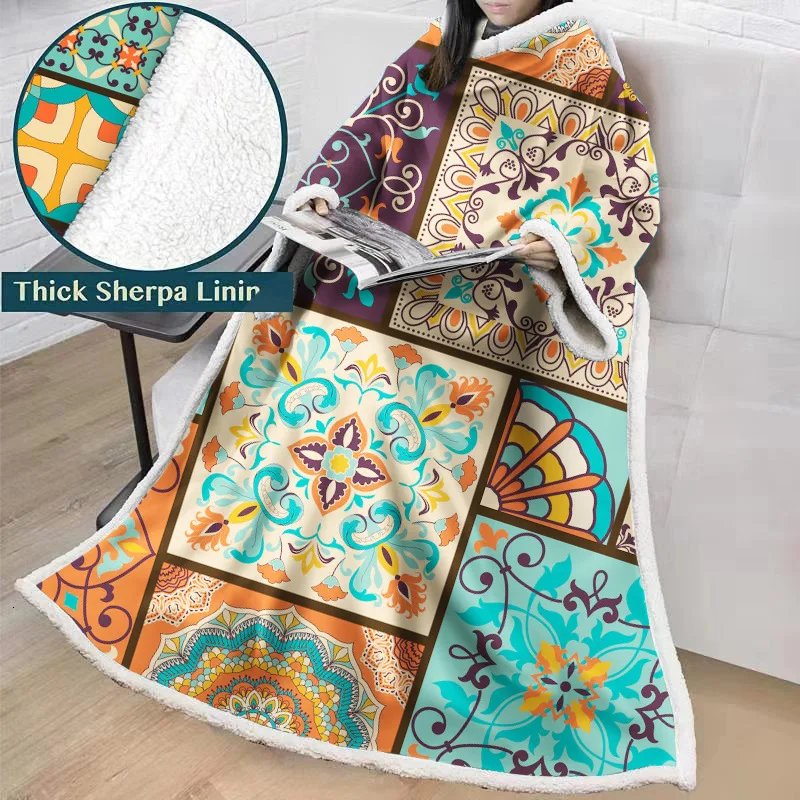 Богемное одеяло с рукавами красочные 3D печать для взрослых микрофибра шерпа