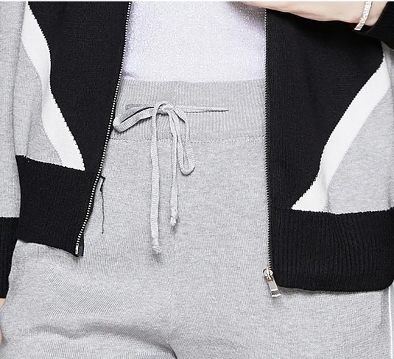 

spring autumn geometric stitching slim fashion stand collar casual knitted Zipper jacket + pants 2 piece sets