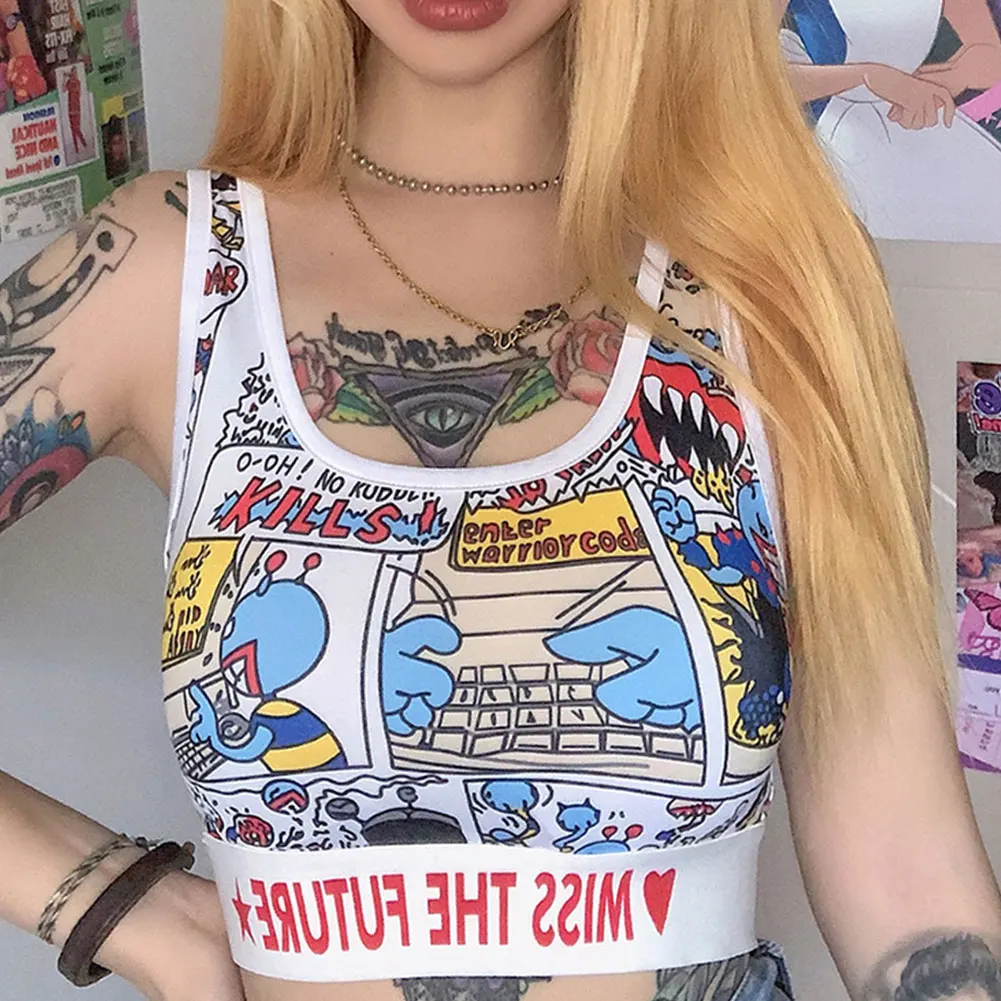 Майка женская с мультяшным принтом пикантный облегающий Топ без рукавов в стиле