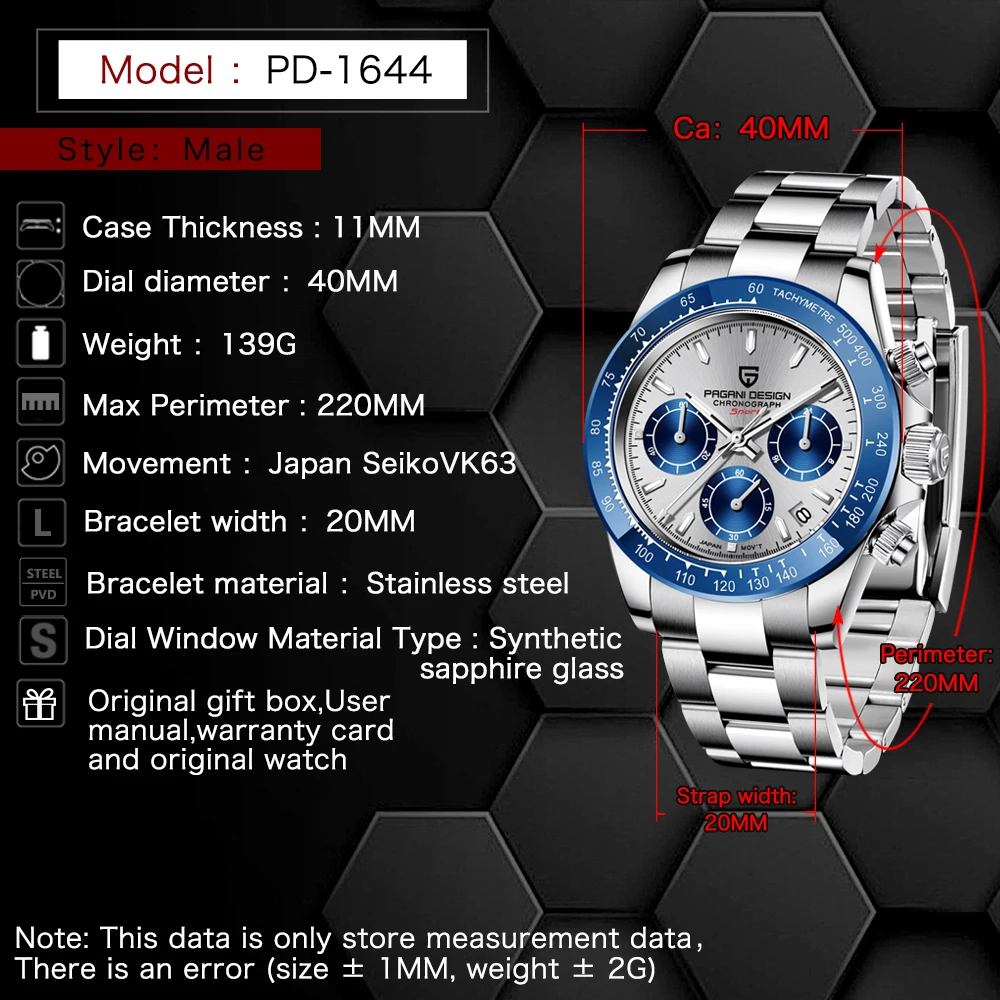 

PAGANI DESIGN Sport Chronograph Watch men quartz wristwatches Stainless Steel Men Waterproof Wristwatch Japan Movement Timepiece