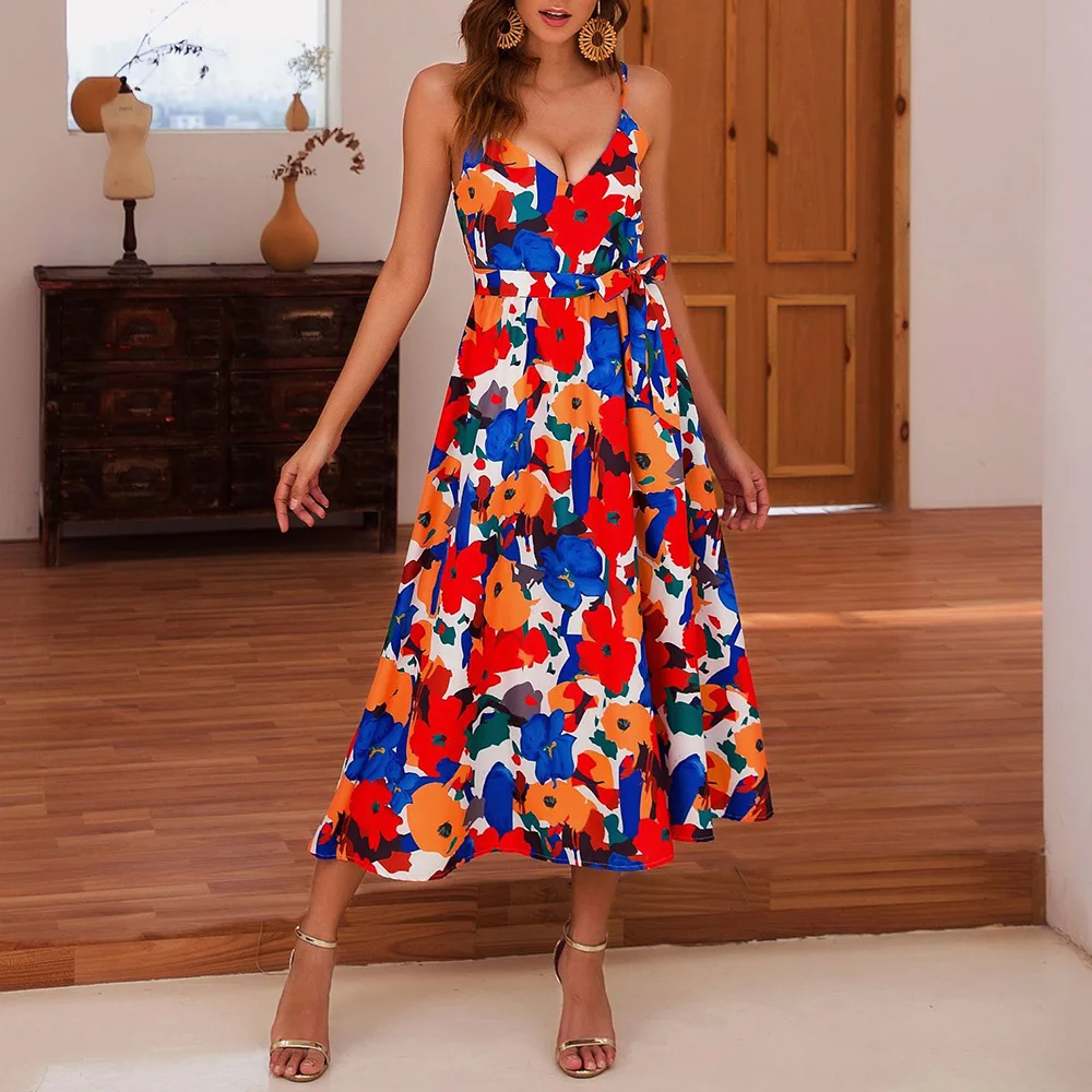 

Women Boho Print Floral Midi Dress V-Neck Spaghetti Straps Sleeveless Sundress Beach Casual Elegant Fashion Summer Female Dress
