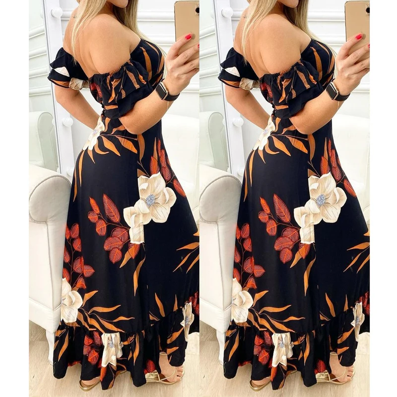

Sexy Off Shoulder Short Sleeve Loose Dress Fashion Print Dress Maxi Dress Women Summer Casual Dresses