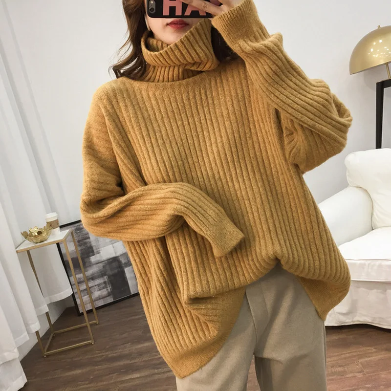 

Elegant Loose Turtleneck Thicken High Neck Women Sweater Fashion Long Sleeve Female Pullover Jumper Winter Knitting Outfit Set