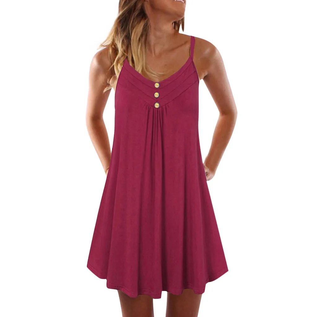 

DAIGELO 2021 Summer Ladies Sleeveless Skirts Women Sleeveless Spaghetti Strap Double Breasted Plain Shift Dress Female Clothing