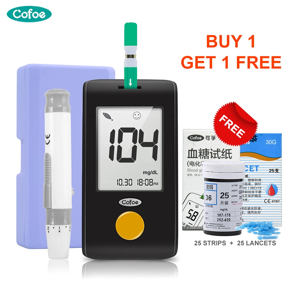 meter FREE strips Глюкометр Cofoe mg/dL, медицинский глюкометр для диабета, бесплатные тест-полоски, ланцеты, тест на сахар в крови, уход за здоровьем - Цвет: meter FREE strips