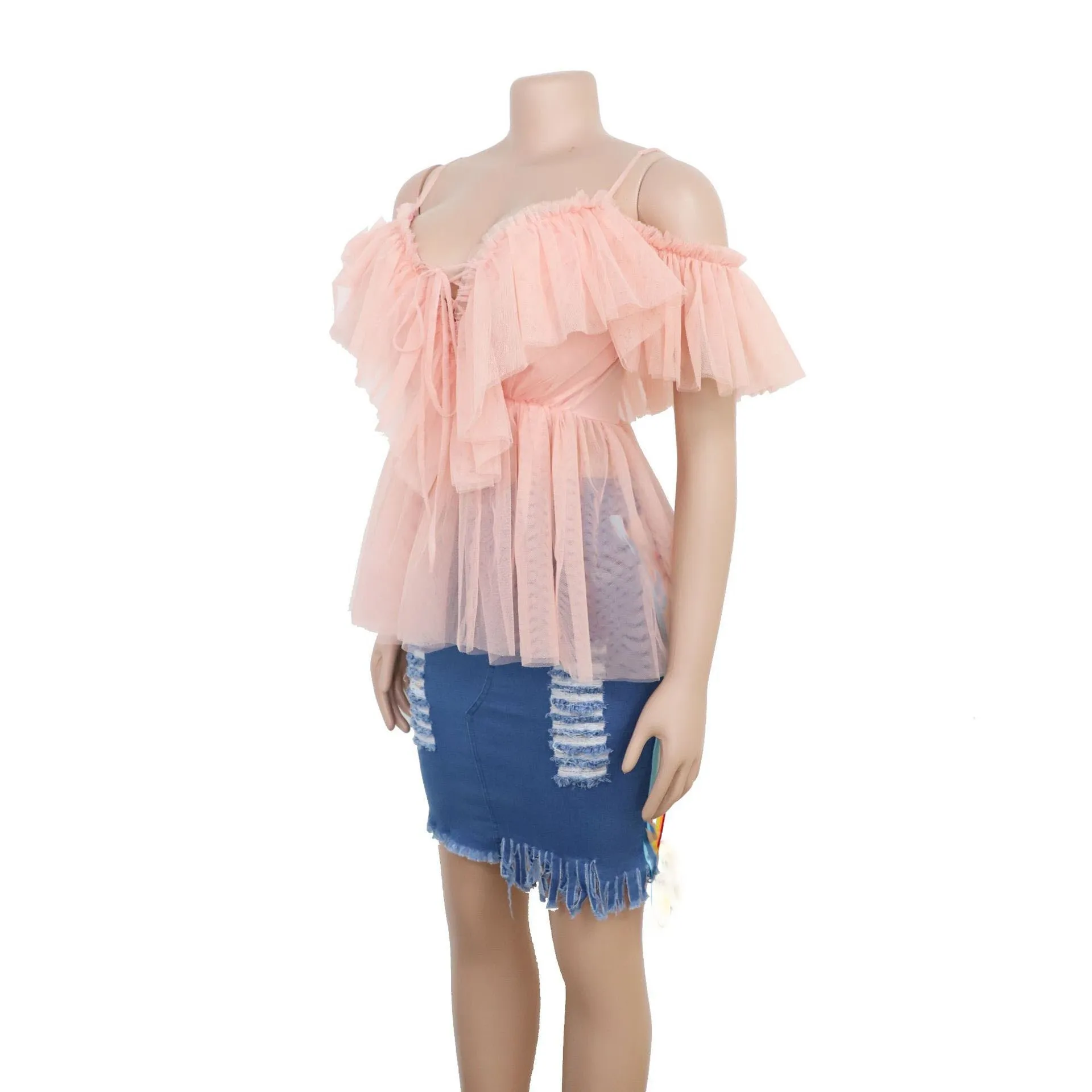 Fashion Women Off Shoulder Layer Mesh Blouses Sexy Summer Spaghetti Strap Backless Top Female Vintage Lace Up Ruffle Shirt