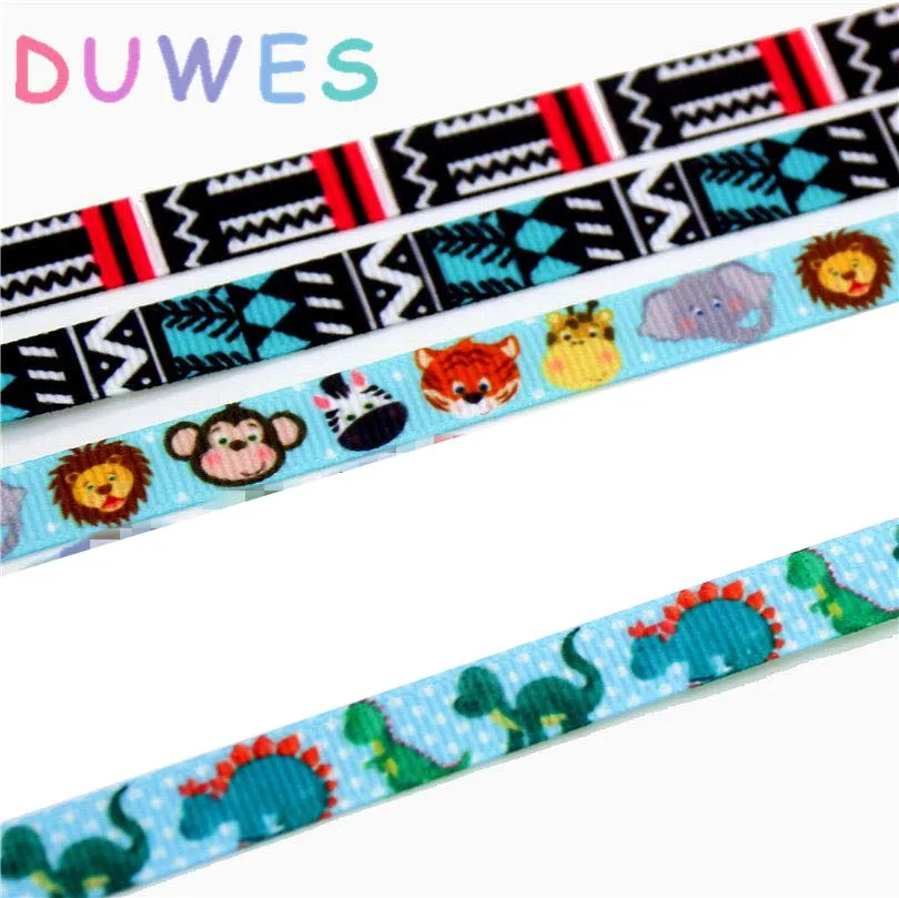 

DUWES 3/8'' Free shipping dinosaur geometrical animals printed grosgrain ribbon hairbow headwear DIY decoration 9mm D736