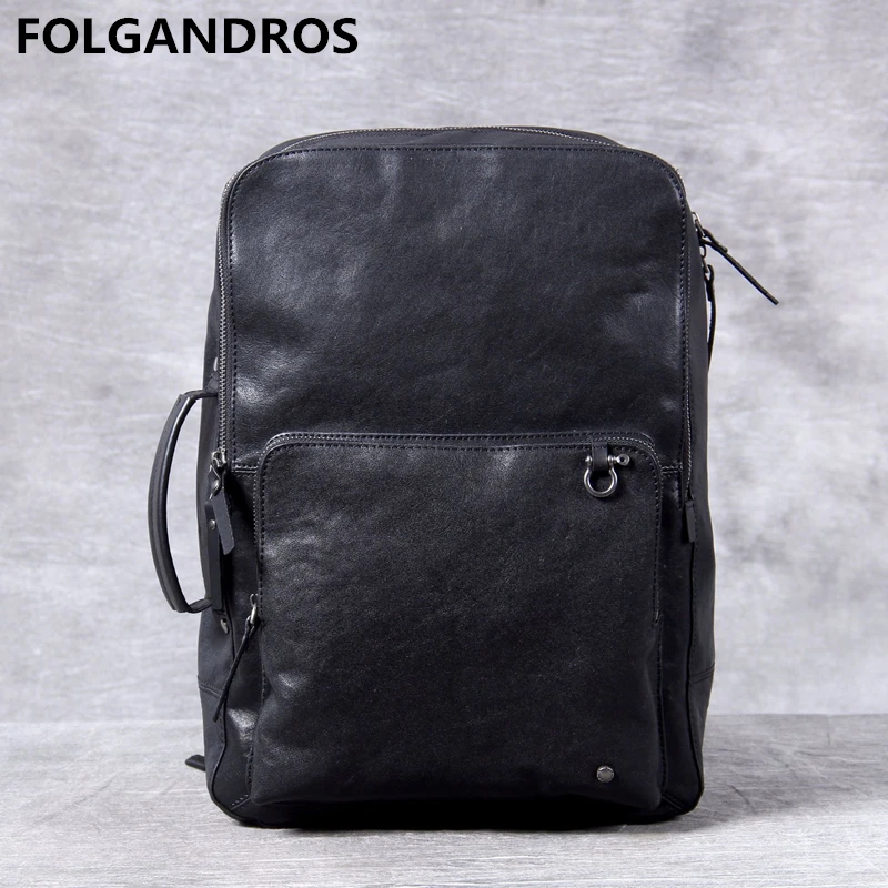 Простой рюкзак из натуральной кожи для мужчин вместительный оригинальный черный
