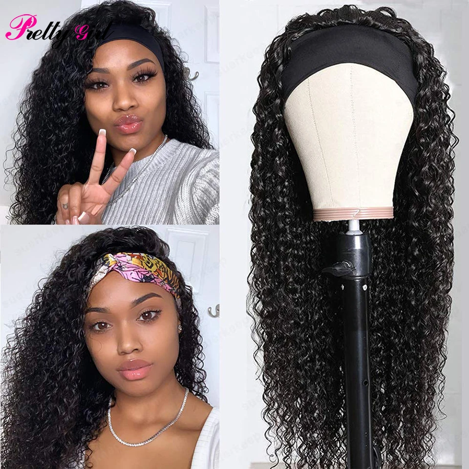 

Curly Hair Headband Scarf Wig Glueless Peruvian Remy Human Hair Wigs for Women Machine Made Beginner Friendly Fit All Size Head