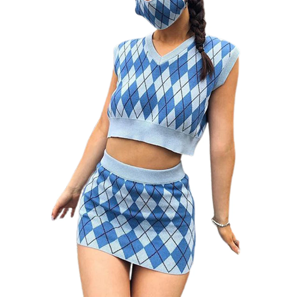 

DOSSNI Women Sweater Sets Pullover Plaid Knitted Sleeveless Tank Tops Casual Cute Cropped Streetwear Knitwear Sweater Vest