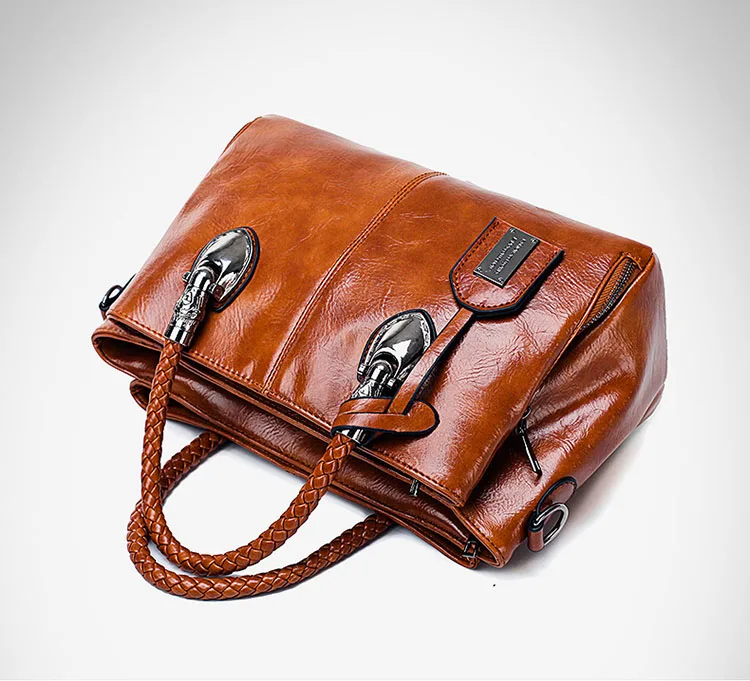 

2020 Vintage Bolsas Feminina Oil Wax Solid PU Leather Top Handbags Crossbody Shoulder Bag Causal Braided handles Messenger Bags