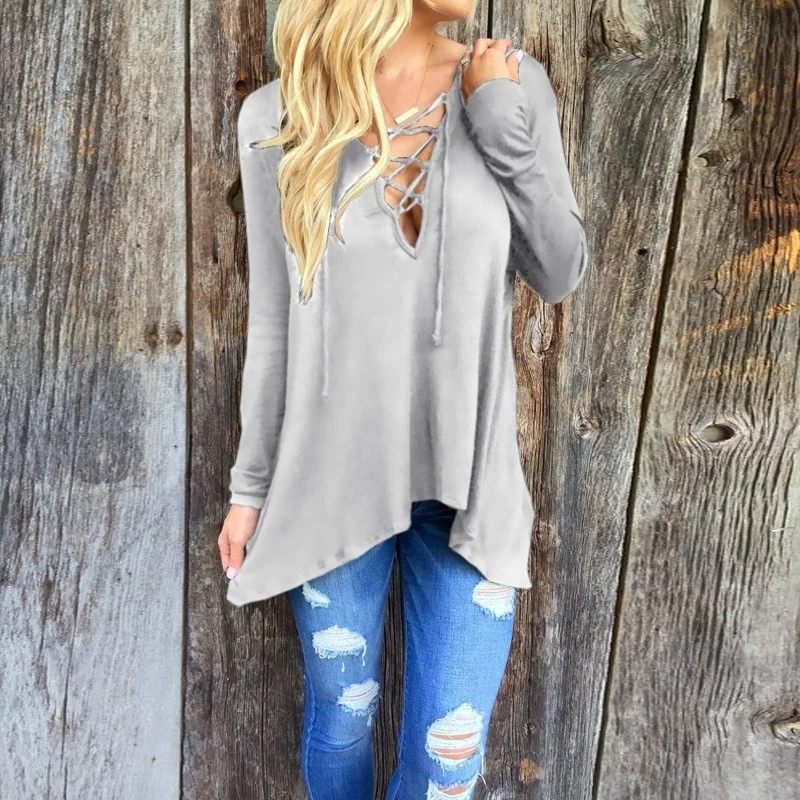 Женская Асимметричная Повседневная Свободная рубашка в стиле бохо на шнуровке с