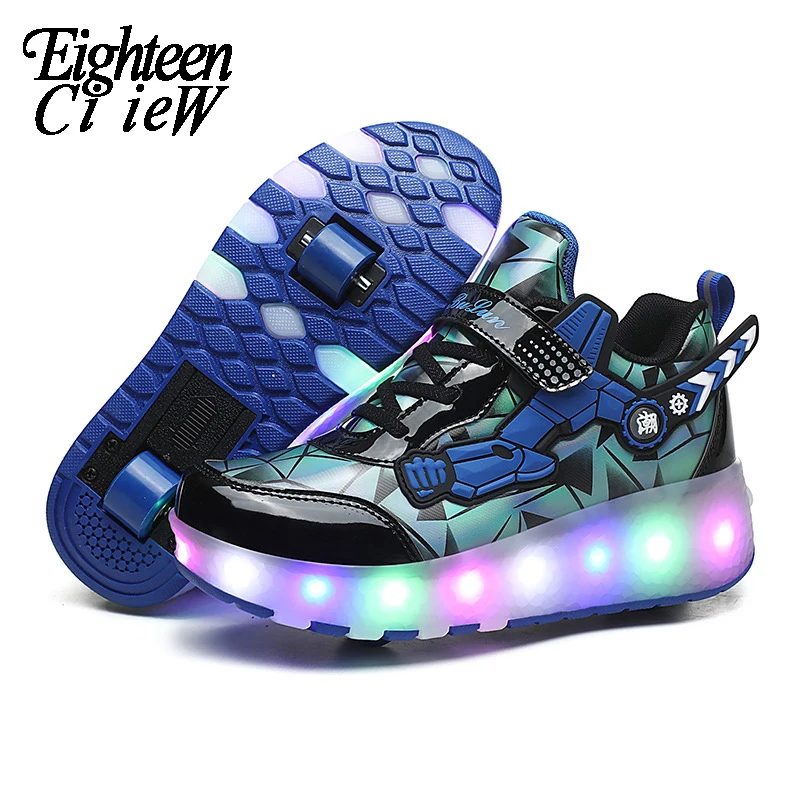 Детские светящиеся кроссовки с роликами Двойные колеса зарядка через USB для