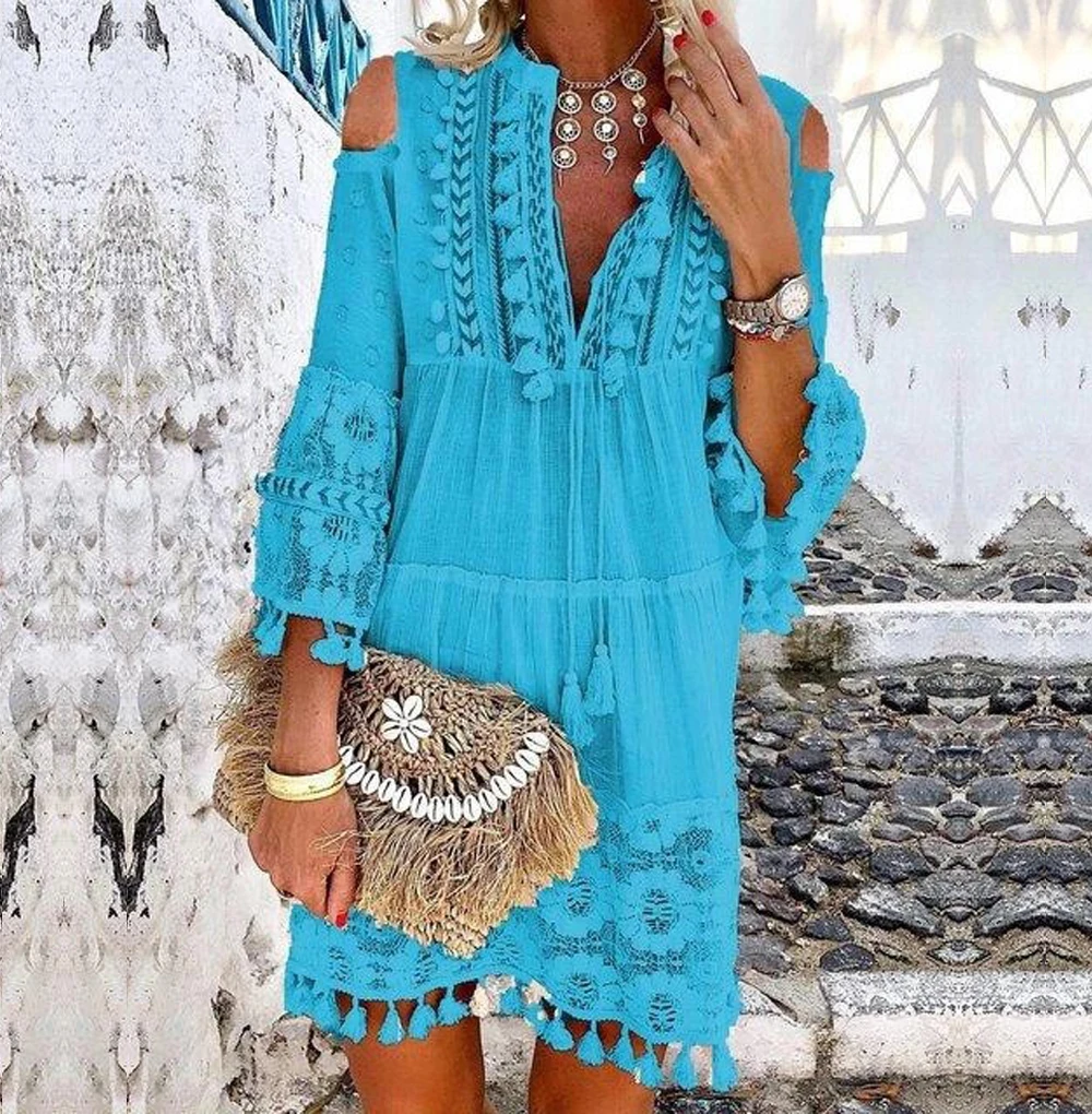 Платье в стиле Boho-Chic с v-образным вырезом, женское однотонное Летнее льняное платье с кисточками в богемном стиле, платье с длинным рукавом размера плюс, женские платья