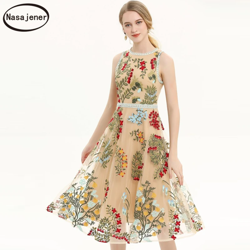 Модное подиумное летнее Сетчатое миди-платье для женщин без рукавов с цветочной