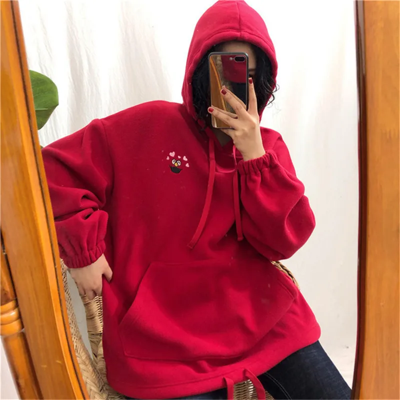 

2020 Autumn Cartoon Loose Ladies Hoodie Sweatshirt Pocket Oversized Embroidered Sweatshirt