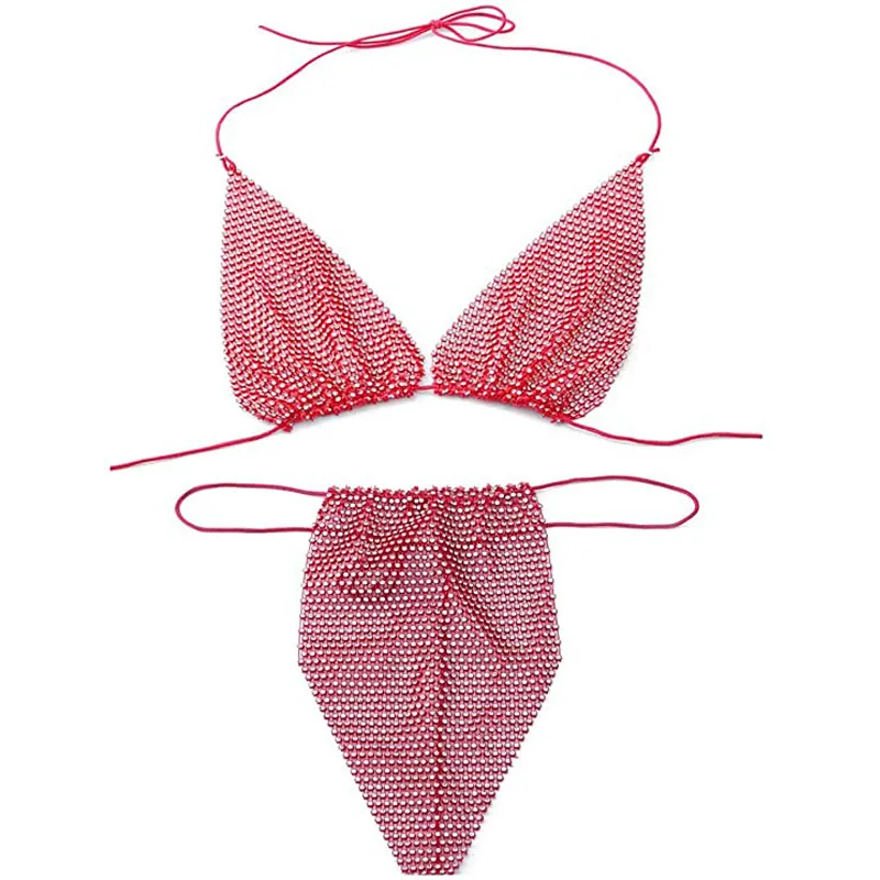 

Rhinestone Bathing Suit Summer Women Sexy See Through Mesh Bandage Bikini Woman Mini Low Waist Micro Thong Swumsuit 2 Piece Sets
