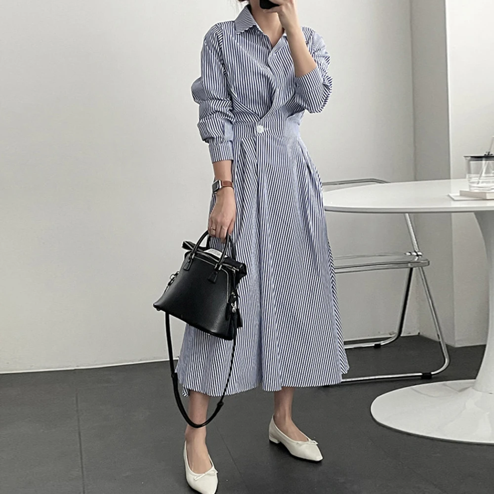 

Women Stripes Dresses 2021 Autumn Korean Fashion High Waist Lapel Dresses Temperament Elegant Long Sleeve Solid Color Simplicity