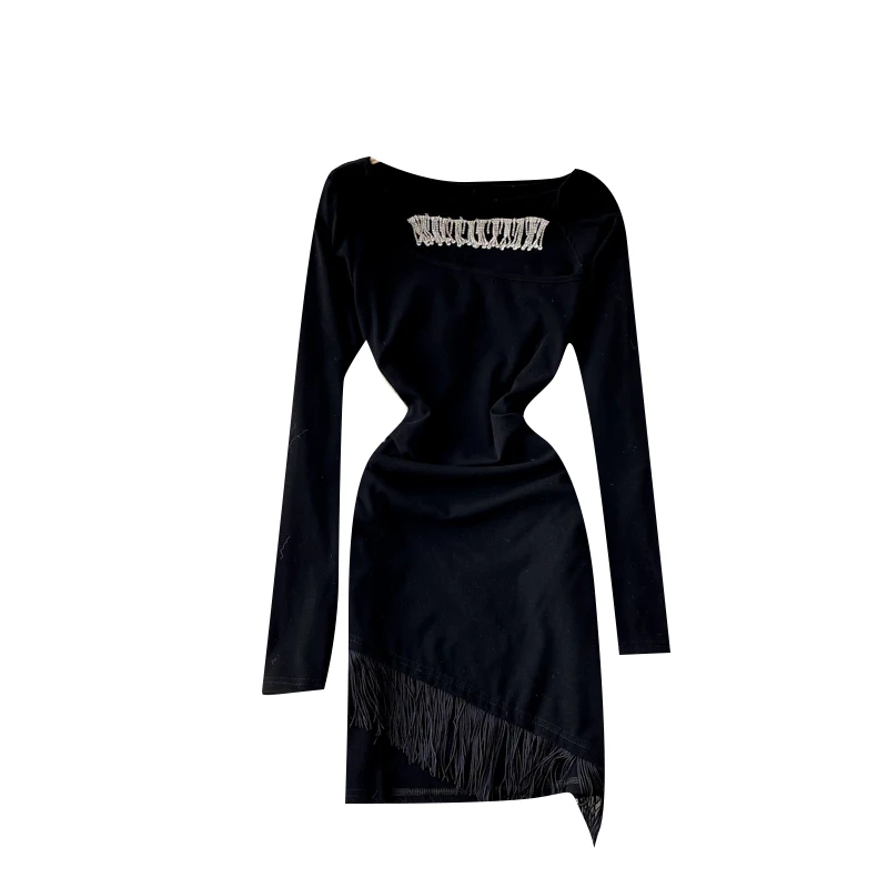 

Fashion dress with tassel chain decoration round neck long sleeve irregular design