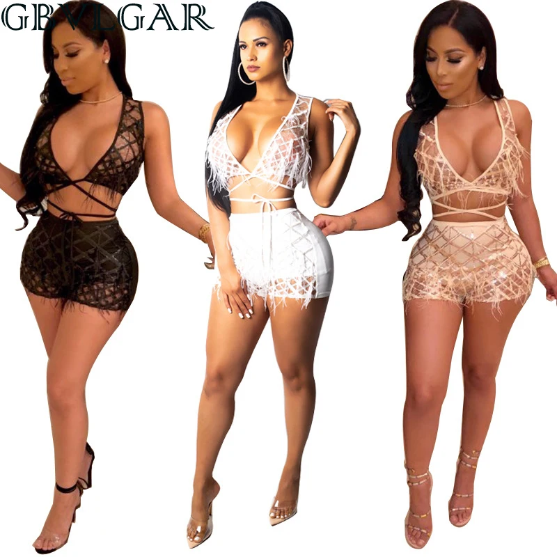 

Women Summer Night Club Costume Deep V Neck Sleeveless Crop Top + Shorts Outfit Pearls Feather Plaid Sequins Sexy Two Piece Set