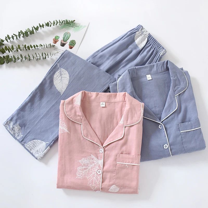

2022 New Spring 100% Cotton Gauze Pajamas Women Summer Thin Home Suit Long Sleeve Japanese Homewear Female Loose Sleepwear Set