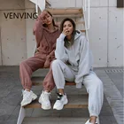 Женский спортивный костюм, повседневные однотонные спортивные костюмы с длинным рукавом и капюшоном, Осенние теплые толстовки и длинные брюки, флисовые комплекты из двух предметов