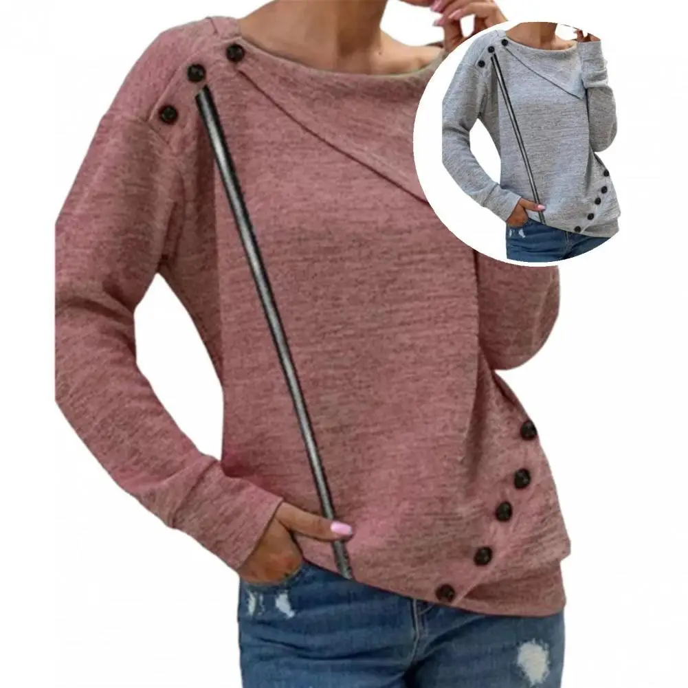 

Trendy Skin-Touch Round Neck Large Lapels Buttons Zipper Decor Pullover Top Streetwear Basic Blouse Pullover Top