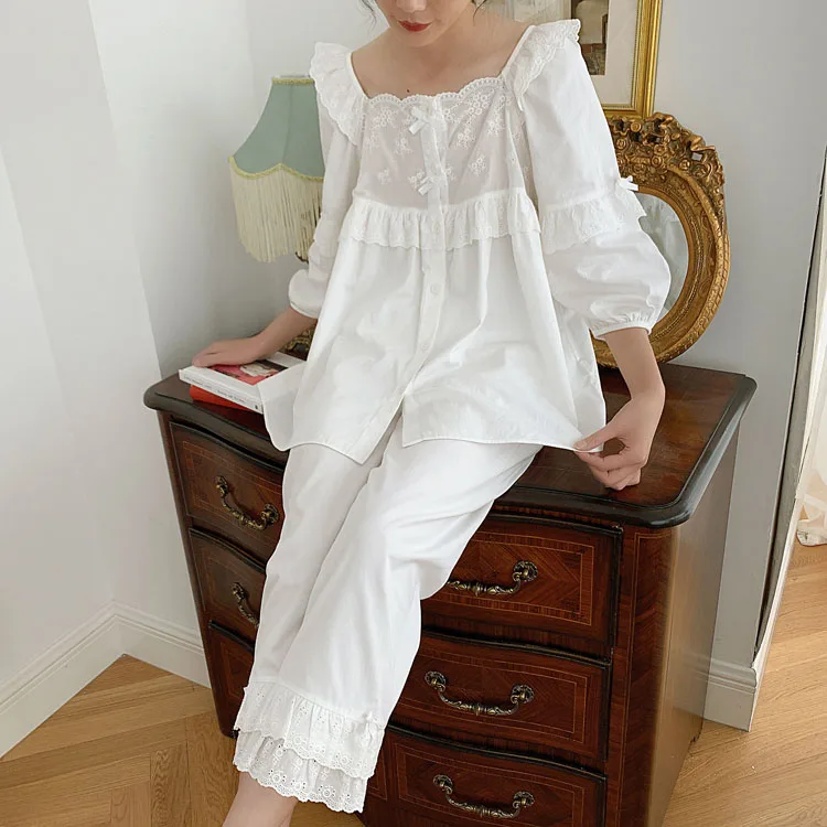 Pajama Set Женский пижамный комплект/платье с квадратным воротником в стиле Лолиты. Винтажный пижамный комплект с оборками. Ночная рубашка в викторианском стиле, одежда для сна, домашняя одежда - Цвет: Pajama Set