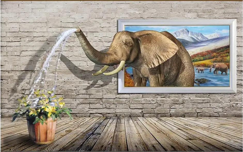 

3d wall murals wallpaper for living room Elephant sprays water on the brick wall home decor photo wallpaper for walls 3 d