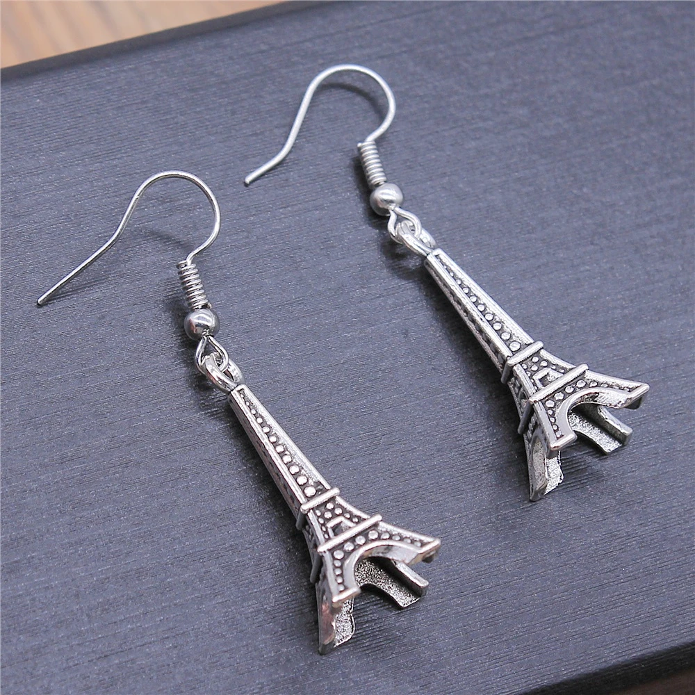 Vintage Antique Silver Color 29x11x11mm 3D Eiffel Tower Charms Dangle Earrings Drop For Women |