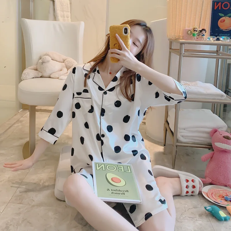 2021 Spring Summer New Simulation Silk Nightdress Women's Simple Fresh Cardigan Small Lapel Shirt Nightwear Housewear Sleepwear