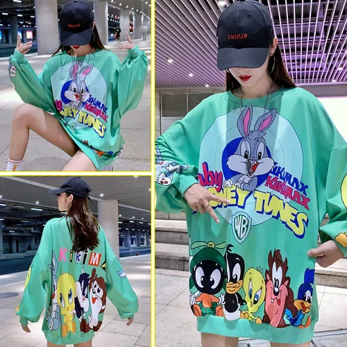 

Fashion Long Students Sweet Style Sweatshirt Cartoon Print Designers Loose Oversize Women Shirts Sexy Drop-shoulder Pullovers