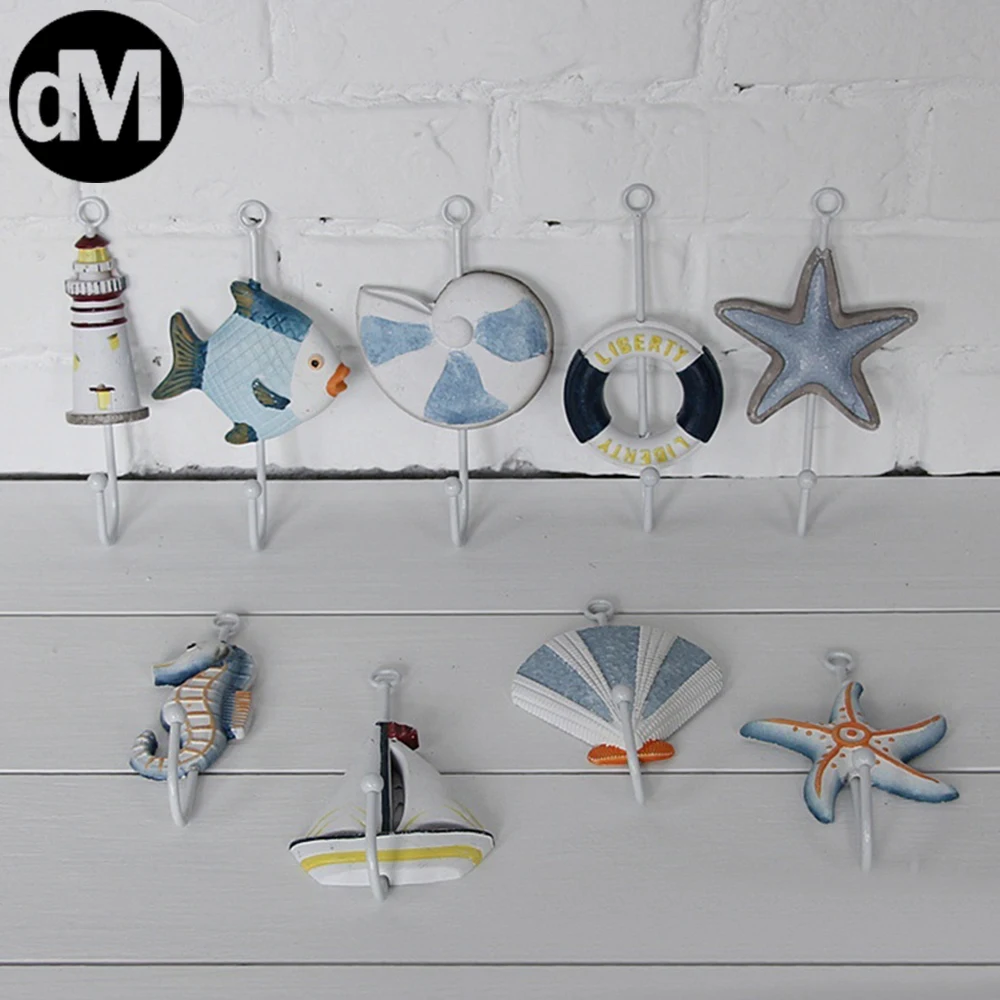 

DM Mediterranean Style Iron Wall Hooks Starfish Storage Shelf Schoolbag Clothes Headset Towel Rack Home Outdoor Cloths Hanging