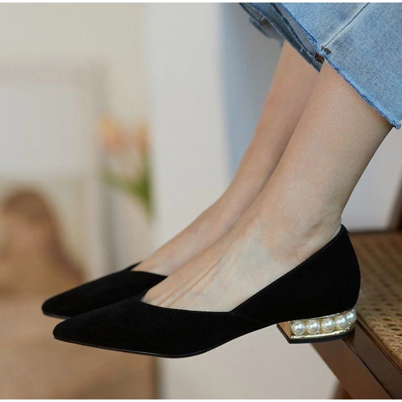 

New Fashion Leather Pearls Heels Shoes Women Casual Office Pumps Low Heel Pointed Toe V Mouth Slip On Work Shoes