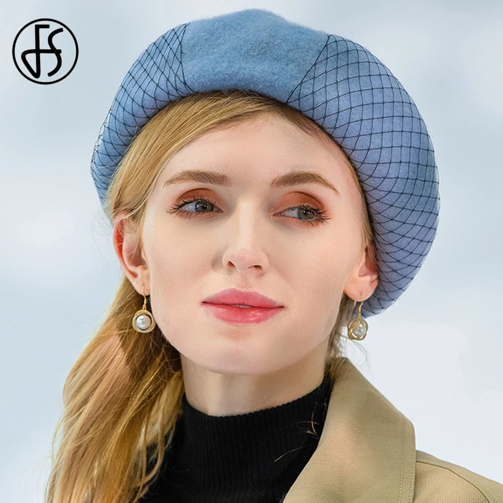 

FS 100% Wool Woolen Women Berets Veil Winter British Artist Hat Vintage Girls Painter Hats Beret Femme Female Warm Cap Banquet