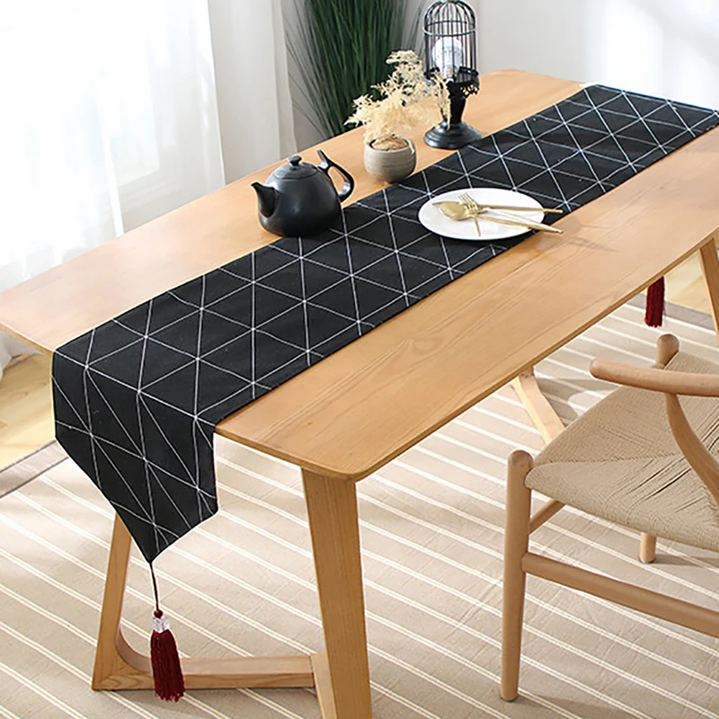 Simple Diamond Pattern Table Runner Black Cotton Modern Geometric Printing Family Banquet Decoration | Дом и сад