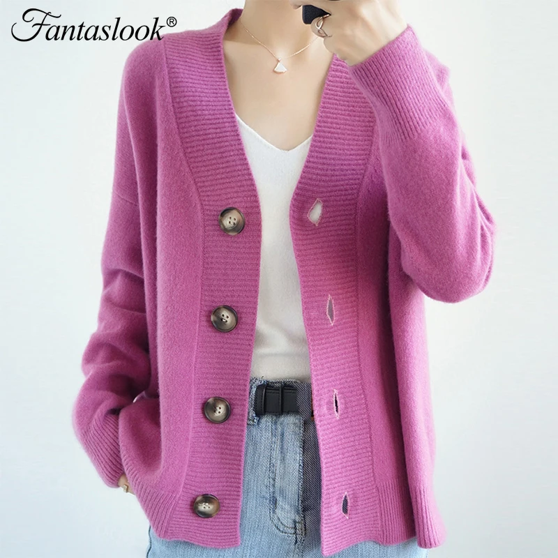 

Осенний шерстяной кардиган, женский свободный вязаный свитер, повседневная однотонная трикотажная одежда с V-образным вырезом, Женский баз...