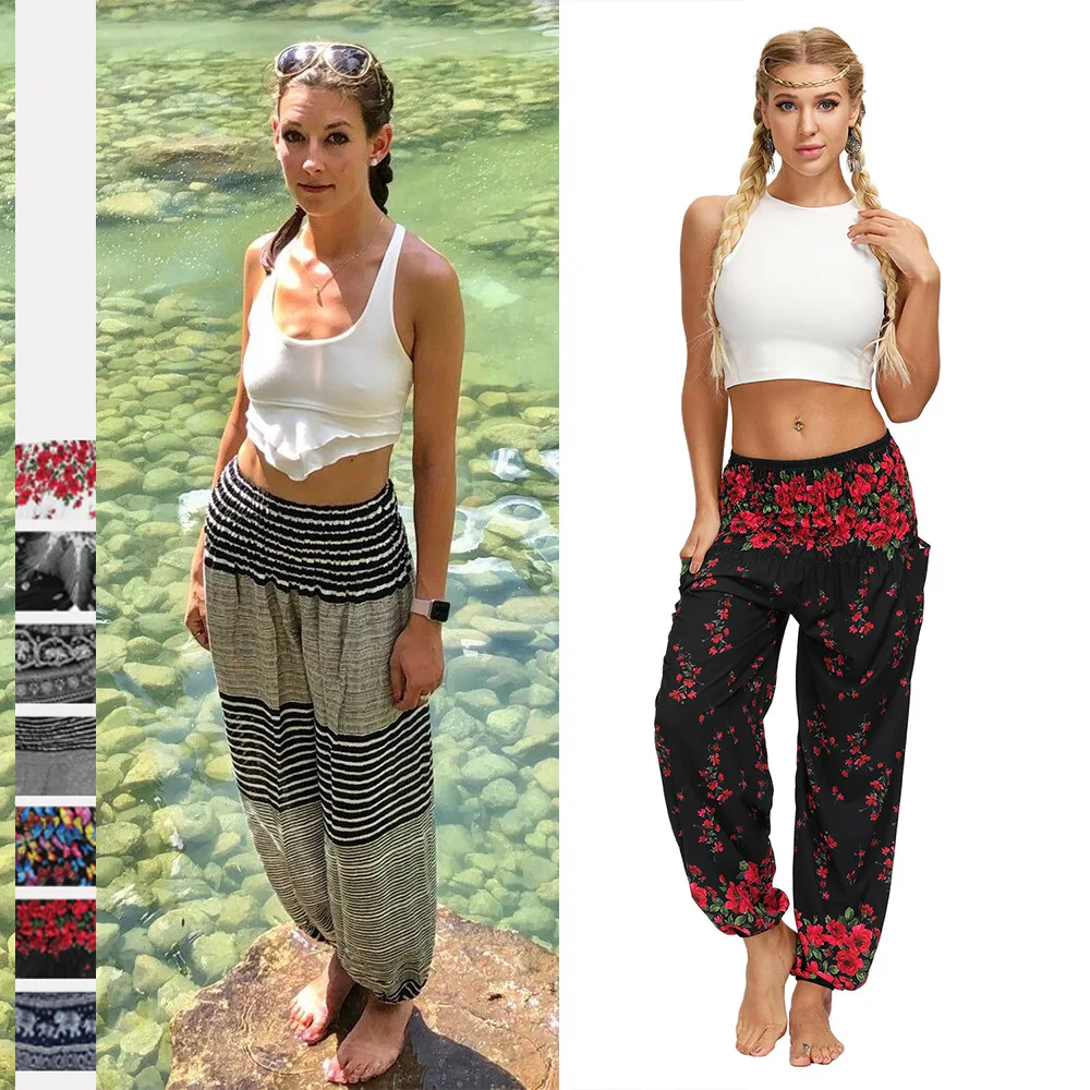 Брюки женские эластичные с завышенной талией пляжные Свободные повседневные