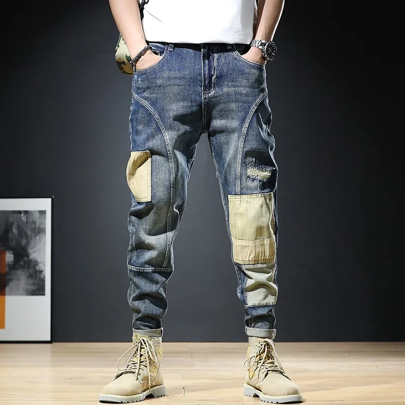 Men Baggy Jeans Streetwear Pants Summer Vaqueros Clothing Hip Hop Fashion Patchwork Ripped Jean Straight Leg Blue Denim Trousers