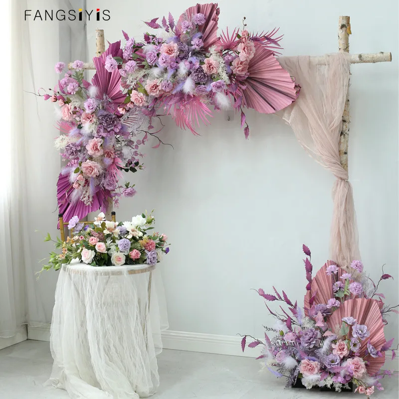 

Custom Arch Floral Arrangement Natural Fan Feather Runner Stage Home Scene Layout Flower Row Decoration Fantasy Purple Wedding