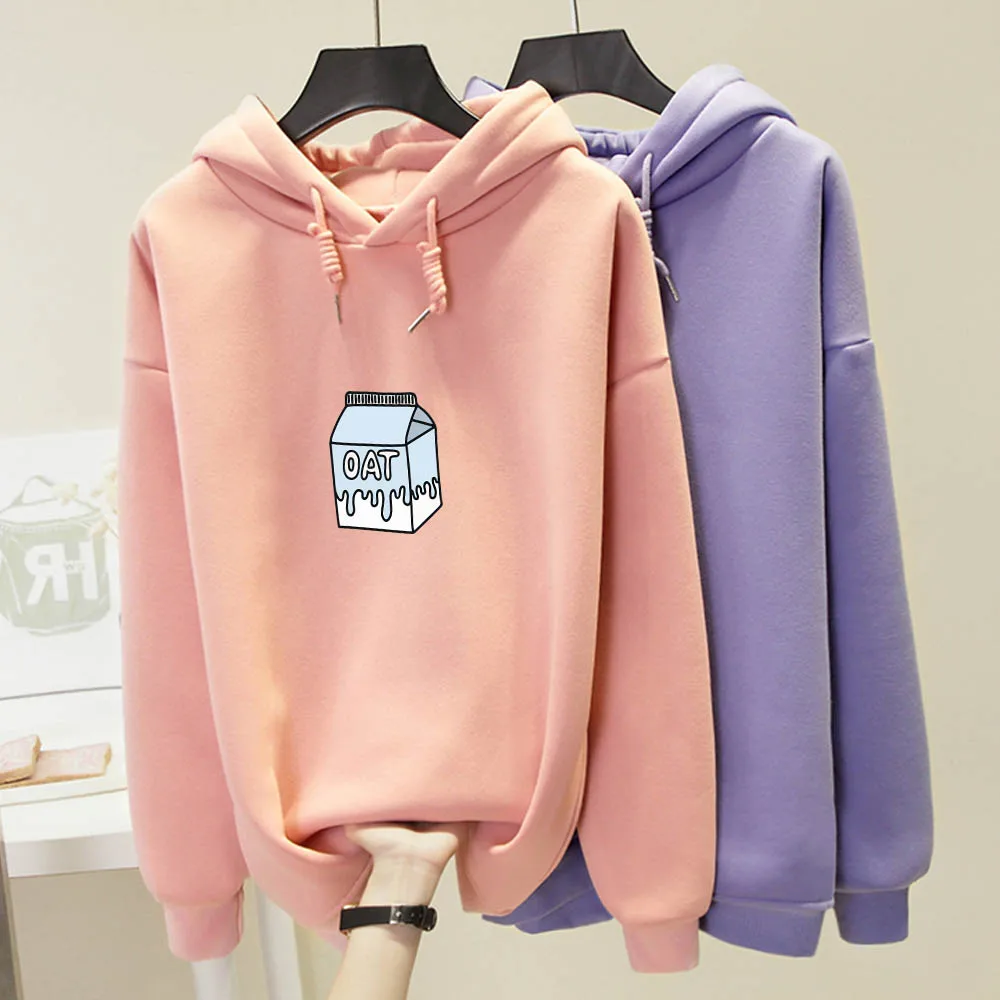 

Cartoon Milk Printed Hoodies Harajuku Kawaii Oversized Sweatshirt Women Japanese Plus Size Warm Sweatshirts Aesthetic Streetwear