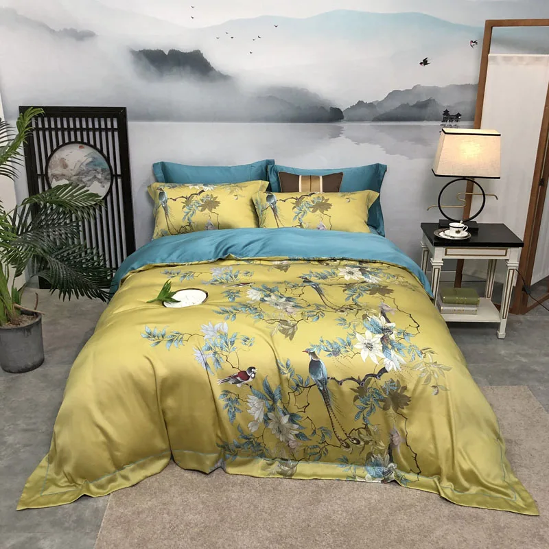 

Yellow Chinoiserie Chic Blossom Duvet Cover Birds and Tree Branches Tencel Silk Soft Breathable Bedding set Bed Sheet for Summer