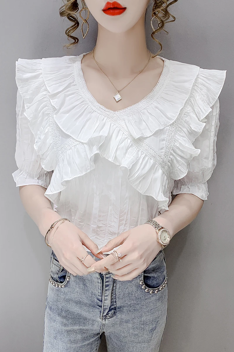 

COIGARSAM Fashion Ruffles blouse women New Summer Short Sleeve Chiffon V-Neck blusas womens tops and blouses White 1675
