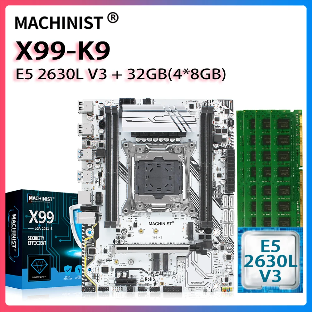 Verkauf MASCHINIST X99 Motherboard LGA 2011-3 Set Kit Intel Xeon E5 2630L V3 CPU Prozessor DDR4 32G(4*8G) 2666MHZ RAM Speicher X99-K9