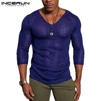 2021 men t shirt v neck 34 sleeve solid color streetwear casual thin tee tops fitness breathable camiseta masculina incerun 5xl