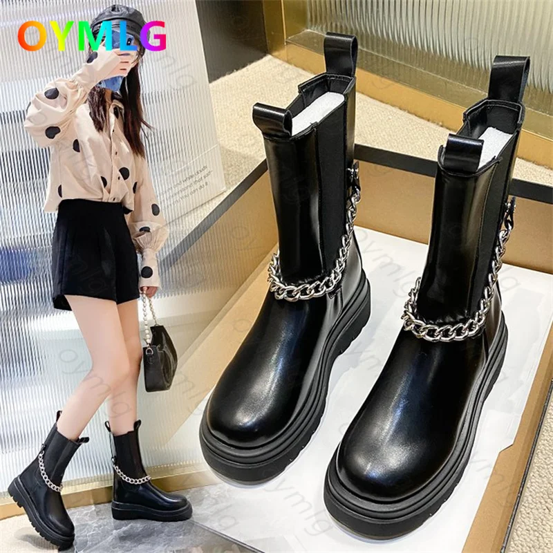 

Smoke tube boots women 2021 autumn and winter new round toe thick-soled Chelsea boots chain straight Martin boots women