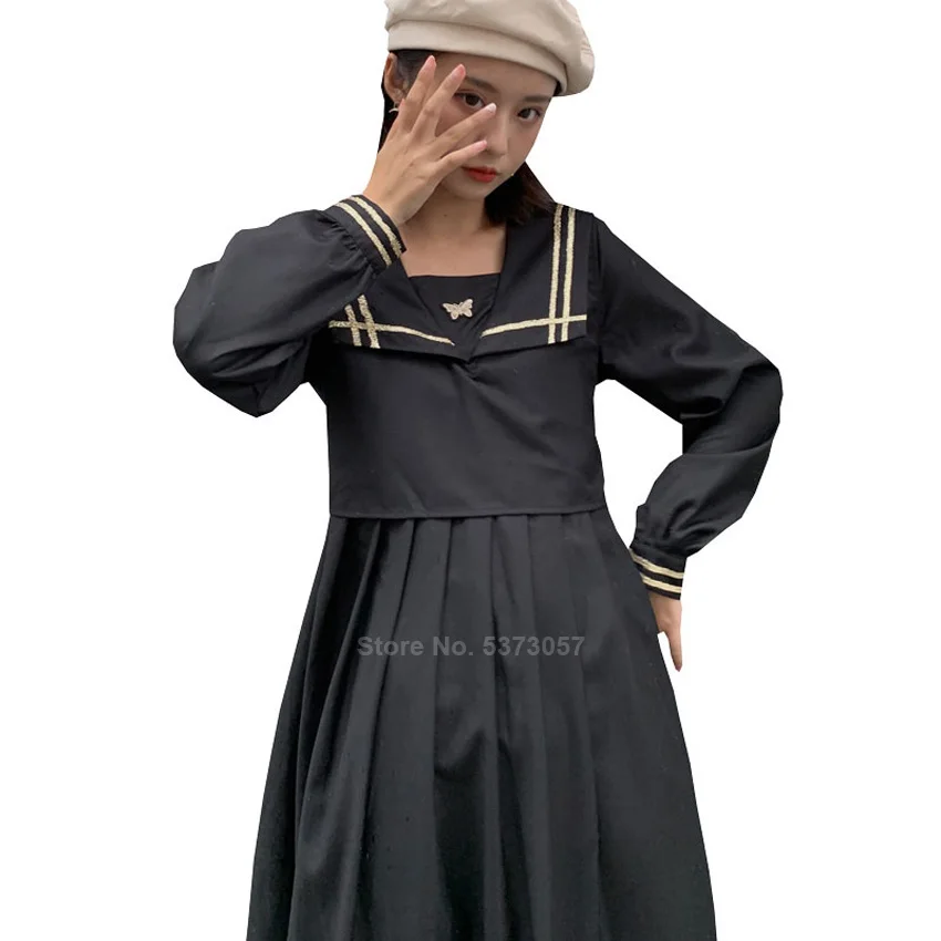 

Korean Japanese Version Square Collar Gothic Black JK Suit Lolita for Student Girls Women High School Uniform Navy Sailor Dress